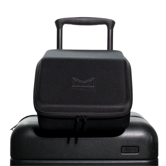 A close up view of the closed Melin 3 Hat Travel case in black