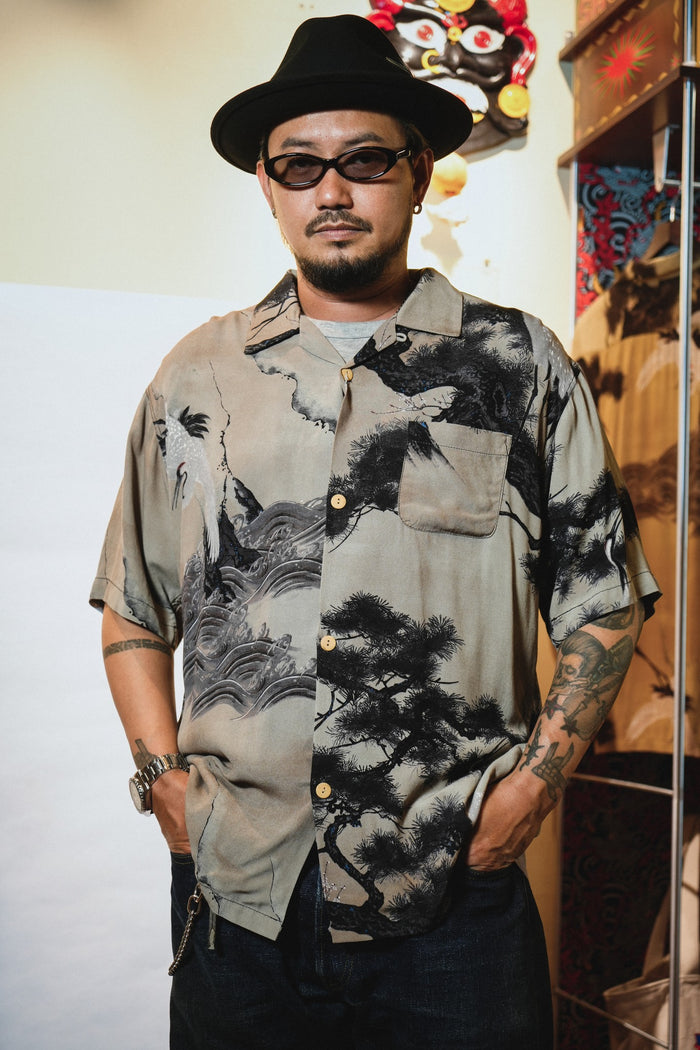 41185 x Ito Jakuchu ALOHA SHIRT (White Crane) - GREY
