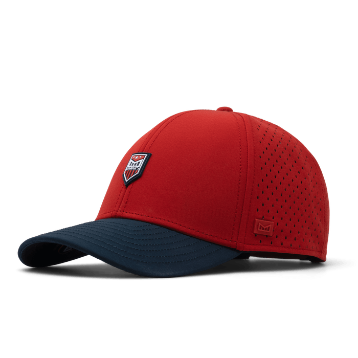The front, angled view of the melin A-Game Americana Hydro Vintage Fit in Red / Navy
