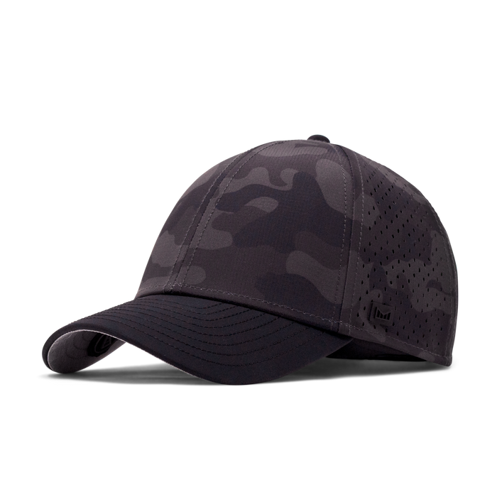 The angled view of the Melin Vintage Fit A-Game Hydro hat in black camo