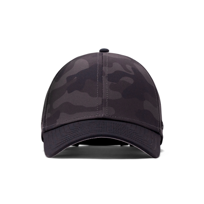 The frontal view of the Melin Vintage Fit A-Game Hydro hat in black camo