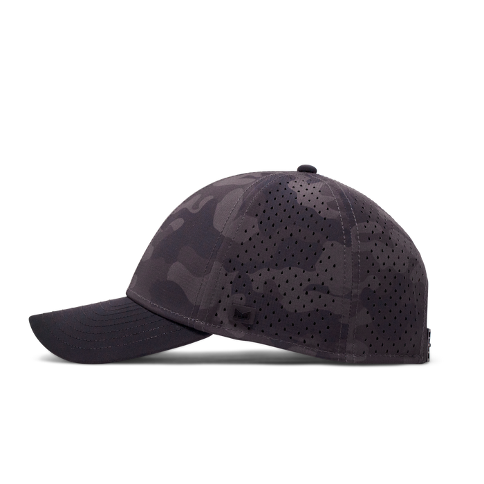 The angled view of the Melin Vintage Fit A-Game Hydro hat in black camo