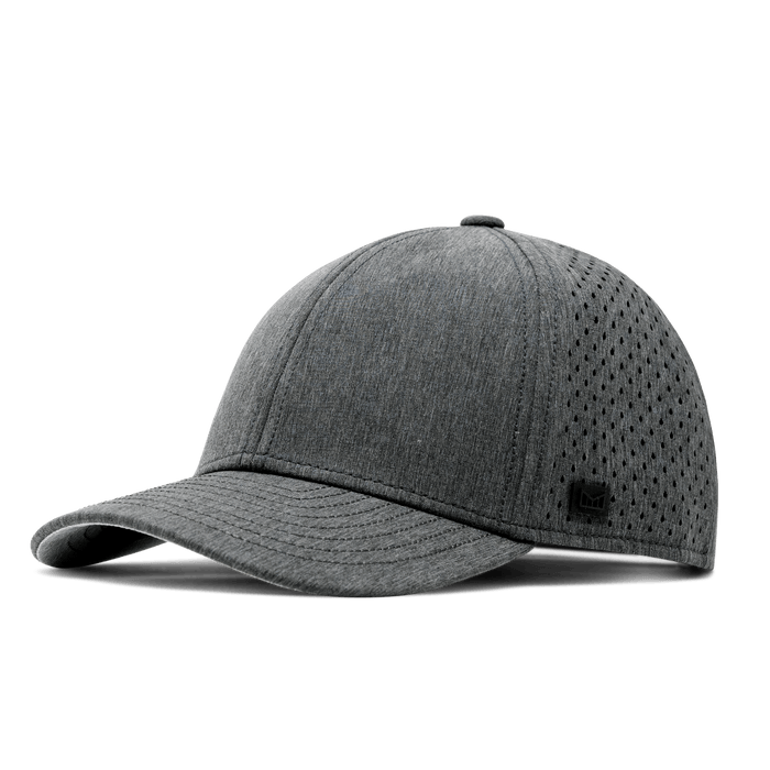 Heather charcoal baseball cap with perforated side panels and small logo patch.