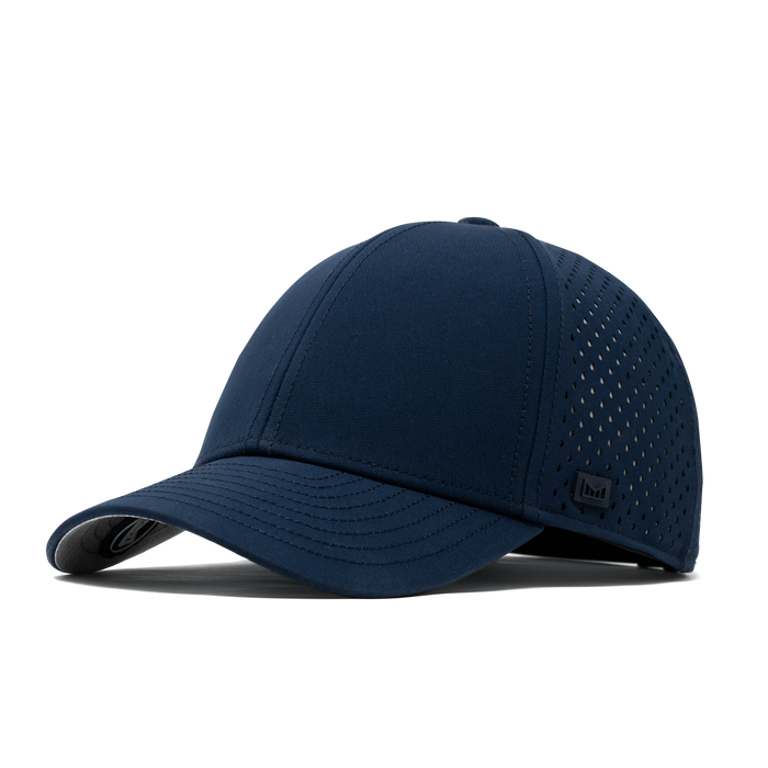 The angled view of the Melin Vintage Fit A-Game Hydro hat in navy