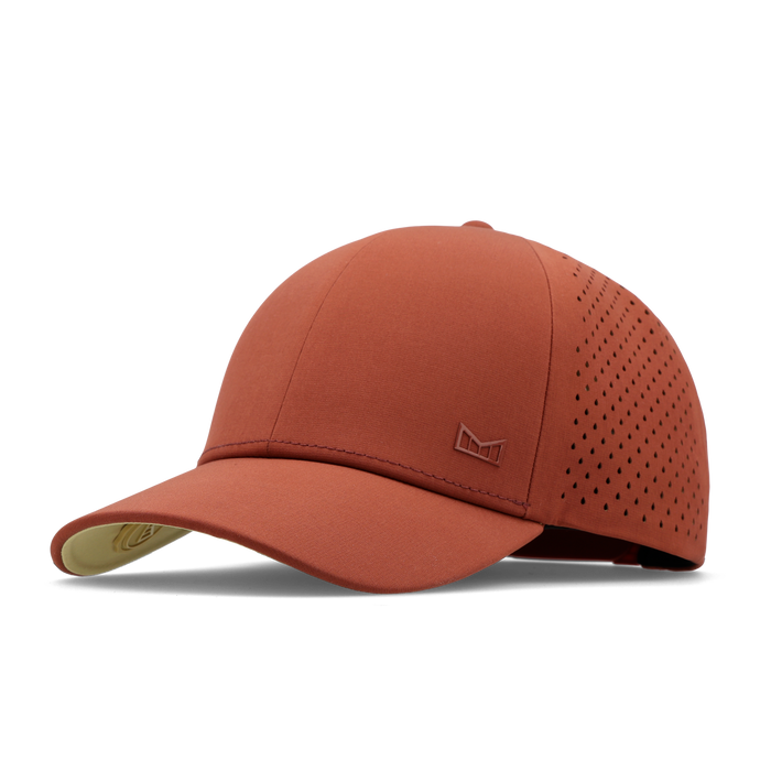 The angled view of the melin Vintage Fit A-Game Hydrolite hat in burnt brick