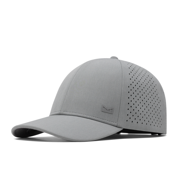The front, angled view of the melin A-Game Hydrolite  Vintage Fit in  Heather Grey