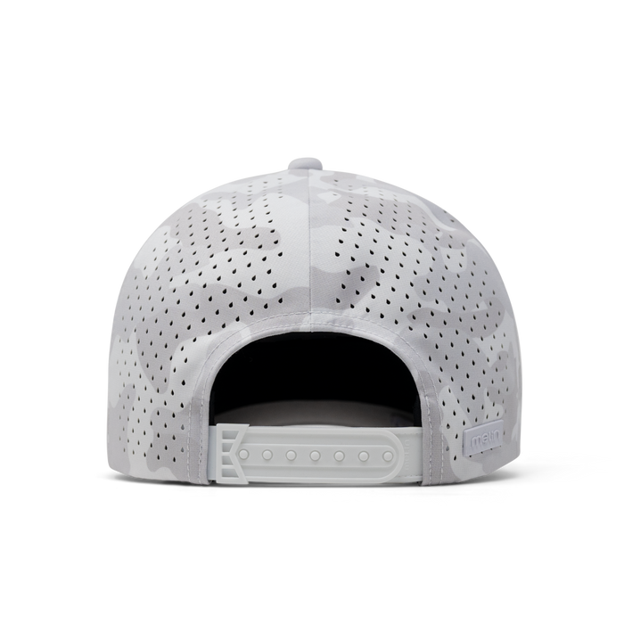 The back view of the melin A-Game Hydrolite  Vintage Fit in  Snow Camo