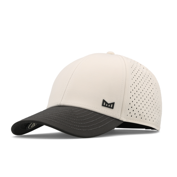 The front, angled view of the melin A-Game Icon Hydro Vintage Fit in Moonbeam / Pirate Black
