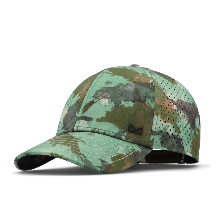 The angled view of the melin Vintage Fit A-Game Icon Hydro hat in watercolor camo
