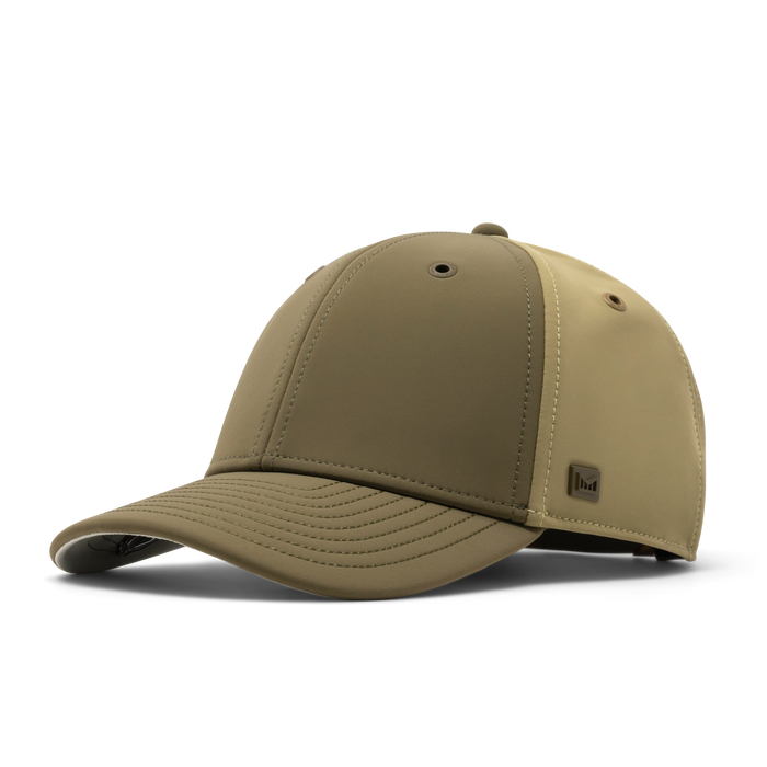 The front, angled view of the melin A-Game Infinite Thermal  Vintage Fit in  Dark Olive / Fig