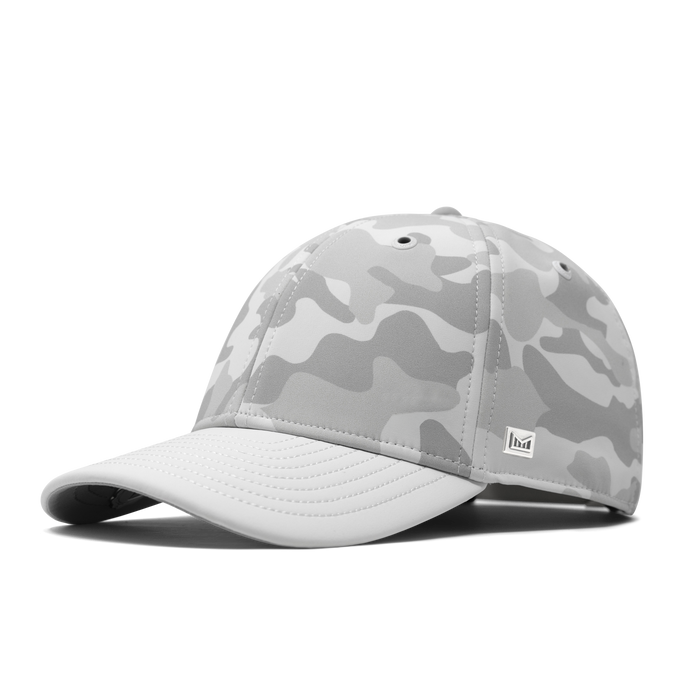 The front, angled view of the melin A-Game Infinite Thermal  Vintage Fit in Snow Camo