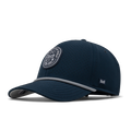 The front, angled view of the melin A-Game Links Drive Hydro  Vintage Fit in  Navy / White