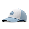 The front, angled view of the melin A-Game Links Hydro  Vintage Fit in Sky Blue / White
