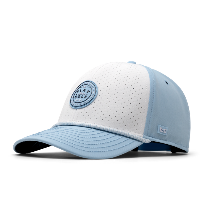 The front, angled view of the melin A-Game Links Hydro  Vintage Fit in Sky Blue / White