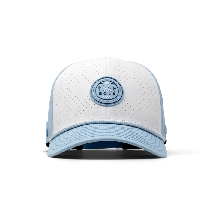 The front view of the melin A-Game Links Hydro  Vintage Fit in Sky Blue / White