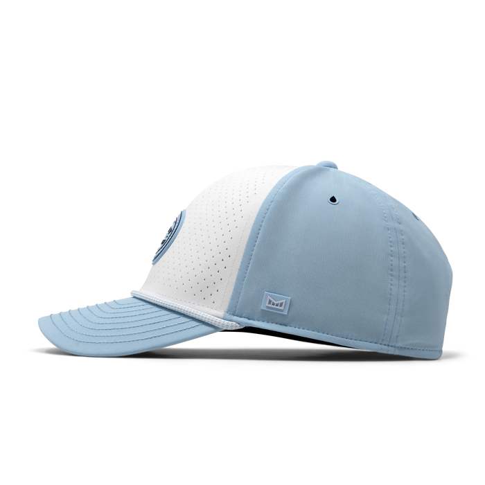 The side view of the melin A-Game Links Hydro  Vintage Fit in Sky Blue / White
