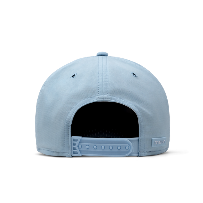 The back view of the melin A-Game Links Hydro  Vintage Fit in Sky Blue / White