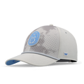 The front, angled view of the melin A-Game Links Hydro  Vintage Fit in  Sky / Light Grey