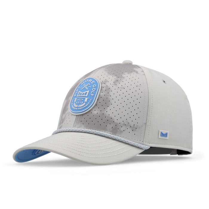 The front, angled view of the melin A-Game Links Hydro  Vintage Fit in  Sky / Light Grey