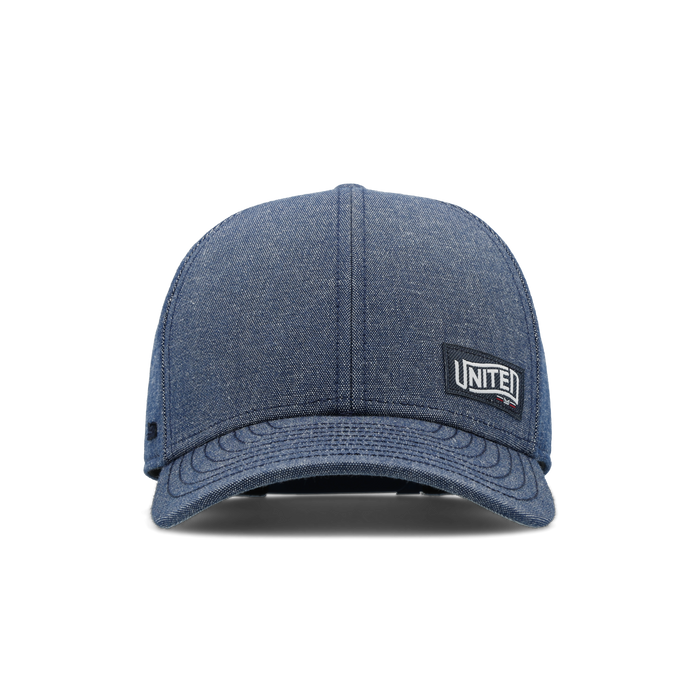The front view of the melin A-Game Mill United  Vintage Fit in  Chambray