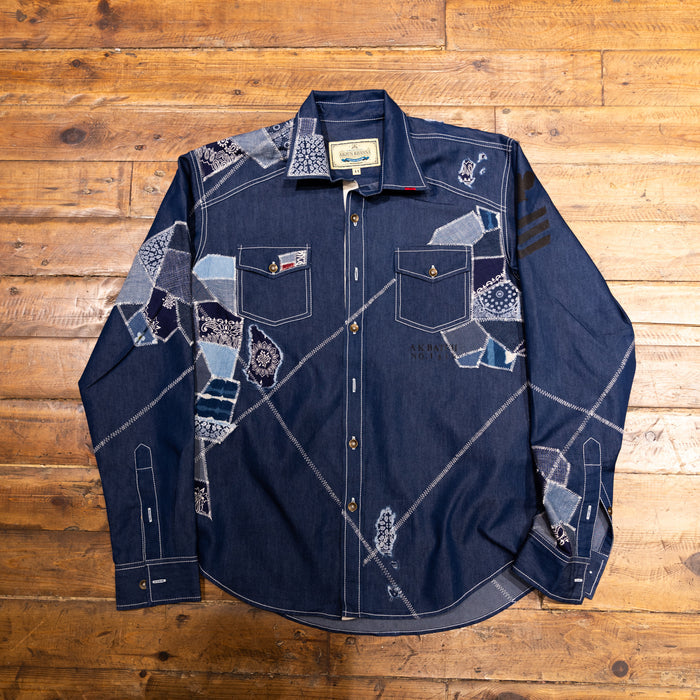 AK/PR/LOT1/SHRT036 Shirt Pattern 4 Repaired Handpainted Seafarer Chambray Shirt with Heavy Patchwork  - INDIGO