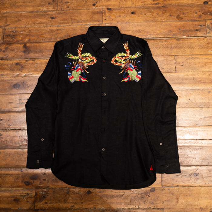 AK/PR/LOT1/SHRT038 Hand embroidered Birds of Paradise Linen Shirt (Black) - BLACK