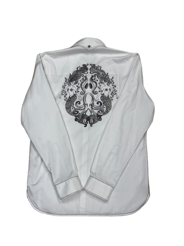 AK/PR/LOT2/SHRT065 Handpainted Mermaid on back and black contrast stiching - WHITE