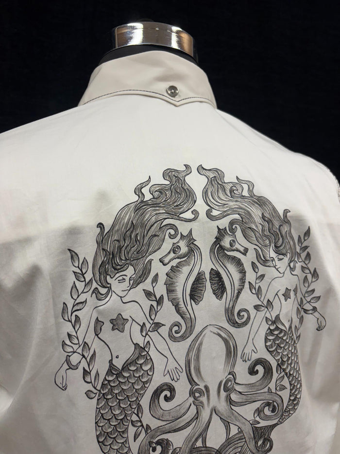AK/PR/LOT2/SHRT065 Handpainted Mermaid on back and black contrast stiching - WHITE