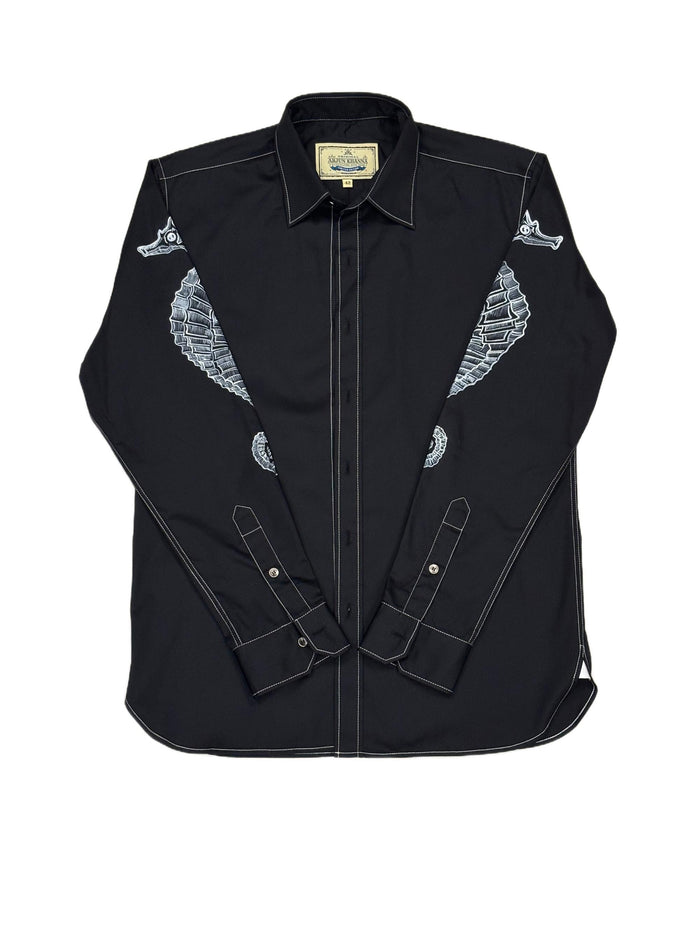 AK/PR/LOT2/SHRT066 Handpainted Seahorse on sleeves and white contrast stiching - BLACK