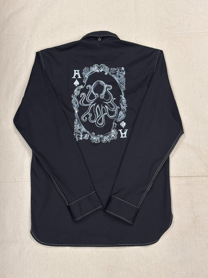 AK/PR/LOT2/SHRT067 Handpainted A Octopus Card on Back and white contrast stiching - BLACK