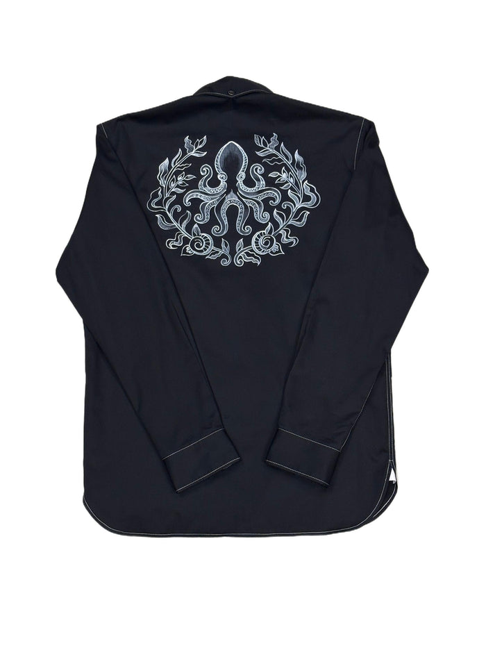 AK/PR/LOT2/SHRT068 Handpainted Octopus & Coral on Back and white contrast stiching - BLACK