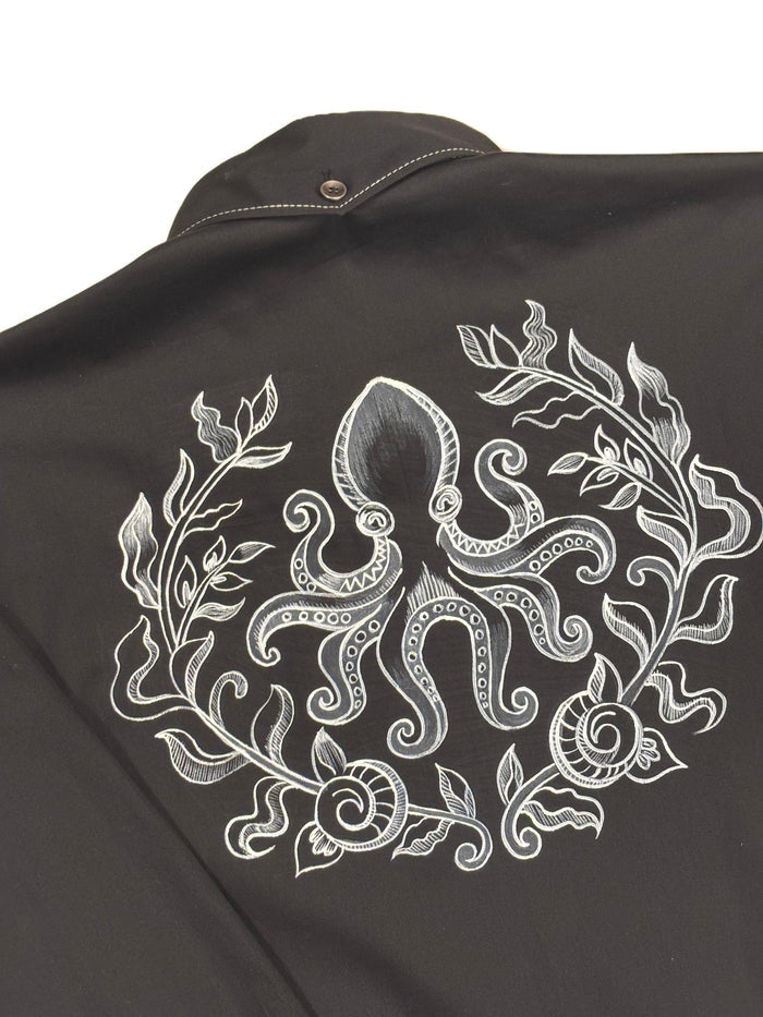AK/PR/LOT2/SHRT068 Handpainted Octopus & Coral on Back and white contrast stiching - BLACK