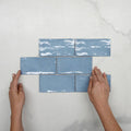 Pattern With Hand Ash Blue Dianna Hand Made Subway Tile 75 x 150 x 9mm Spanish Ceramic  - The Blue Space