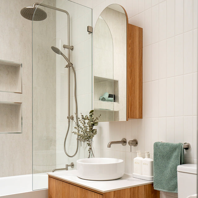 Cam and jules bathroom collaboration  Ingrain Ash Arched Shaving Cabinet 400mm