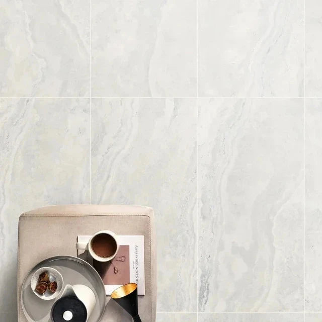 Bianco Ivy Vein Cut Travertine Tile Tech Grip 600 x 600 x 10mm Porcelain  | The Blue Space