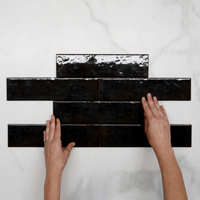 Pattern With Hand Black Andrea Subway Tile Textural Gloss 75 x 300 x 8mm Italian Porcelain  - The Blue Space