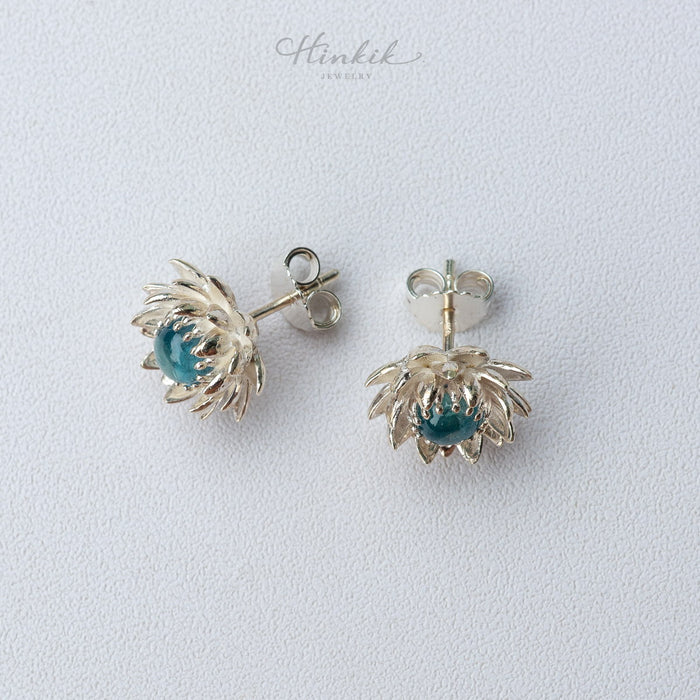 Blooming Lotus Stud Earrings – Sterling Silver with Moonstone / Aquamarine