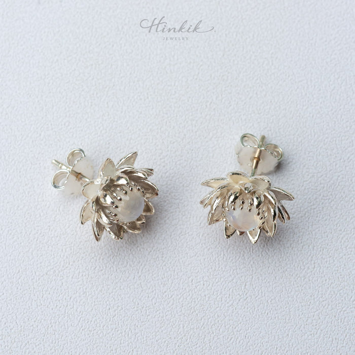 Blooming Lotus Stud Earrings – Sterling Silver with Moonstone / Aquamarine