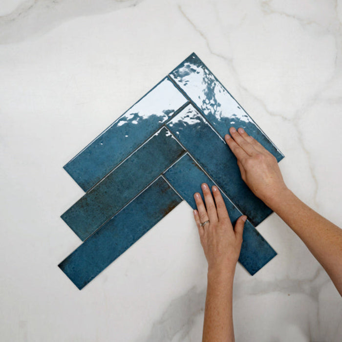 Fidhbone With Hand Blue Andrea Subway Tile Textural Gloss 75 x 300 x 8mm Italian Porcelain  - The Blue Space