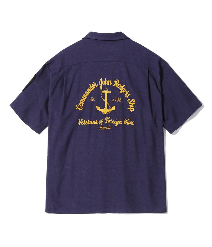 BR39510 U.S. NAVY RAYON LINEN OPEN SHIRT with CHAIN EMBROIDERED - NAVY