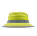 The front, angled view of the melin Caddy Links Trashed Hydro  Bucket Hat in  Safety Green