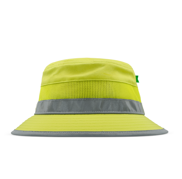 The front, angled view of the melin Caddy Links Trashed Hydro  Bucket Hat in  Safety Green