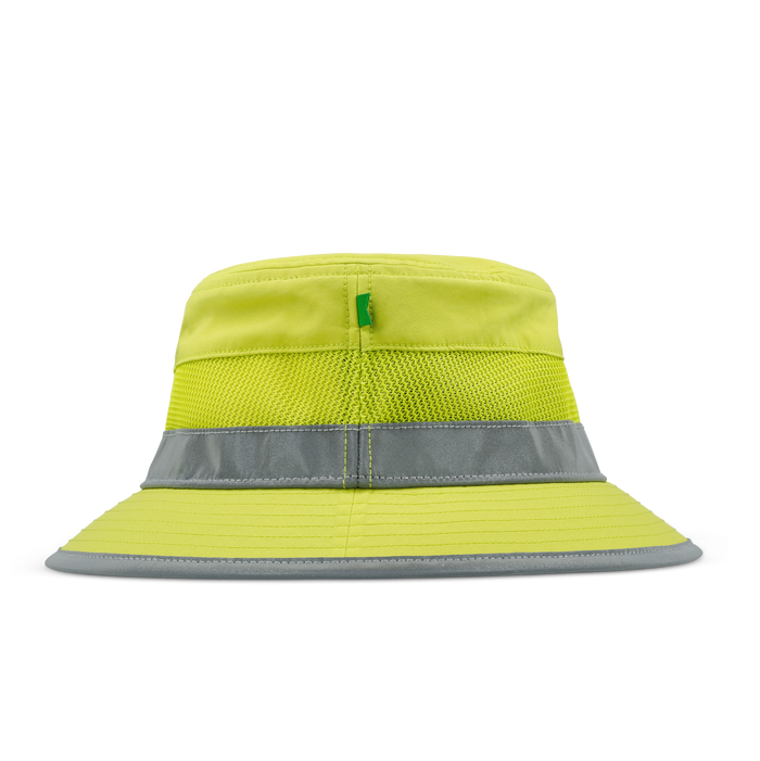The side view of the melin Caddy Links Trashed Hydro  Bucket Hat in  Safety Green