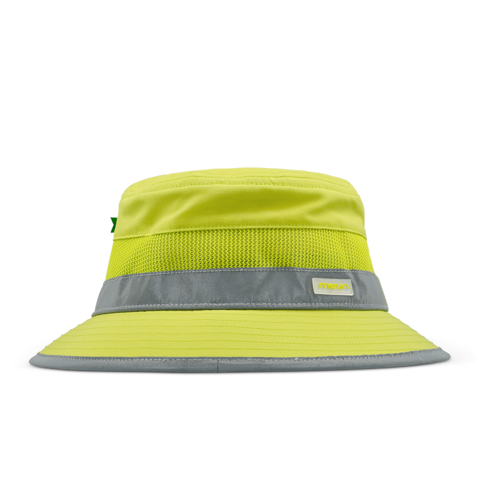 The side view of the melin Caddy Links Trashed Hydro  Bucket Hat in  Safety Green