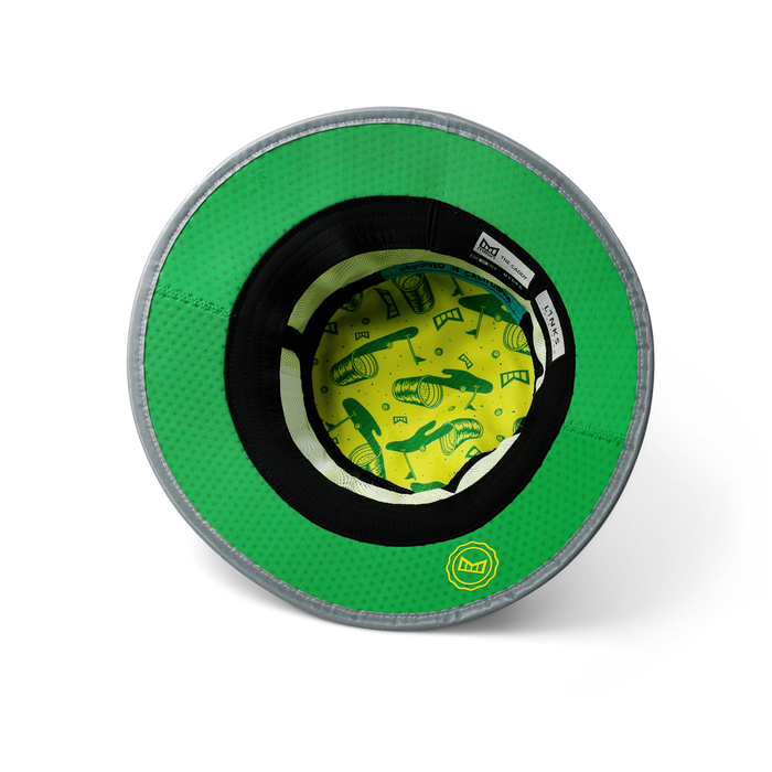 The inside view of the melin Caddy Links Trashed Hydro  Bucket Hat in  Safety Green