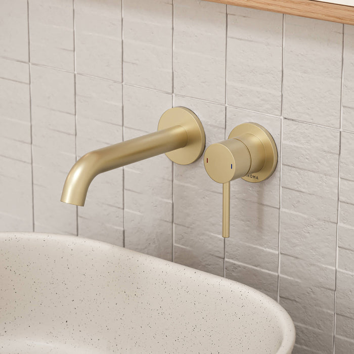 caroma-liano-ii-lead-free-wall-basin-bath-mixer-set-brushed-brass  | The Blue Space