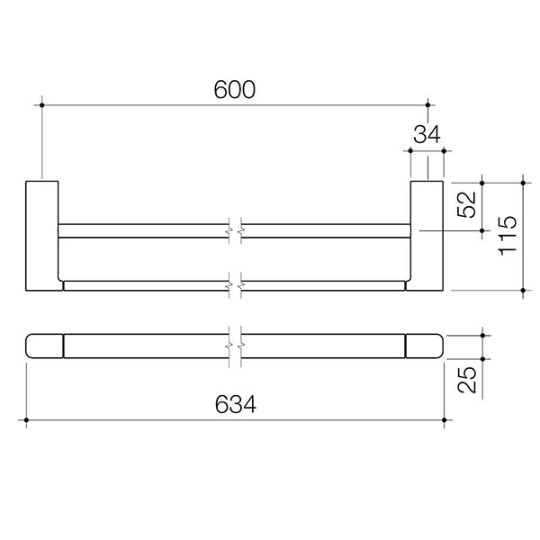 Caroma Luna Double Towel Rail 630mm Technical Drawing - The Blue Space