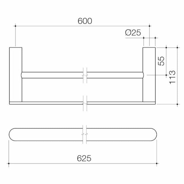 Technical Drawing Caroma Urbane II Double Towel Rail 625mm Matte Black 99626B - The Blue Space