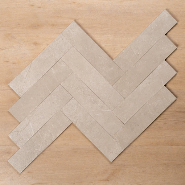 Casuarina Cream Honed Porcelain Tile 75x300mm Herringbone Pattern - The Blue Space