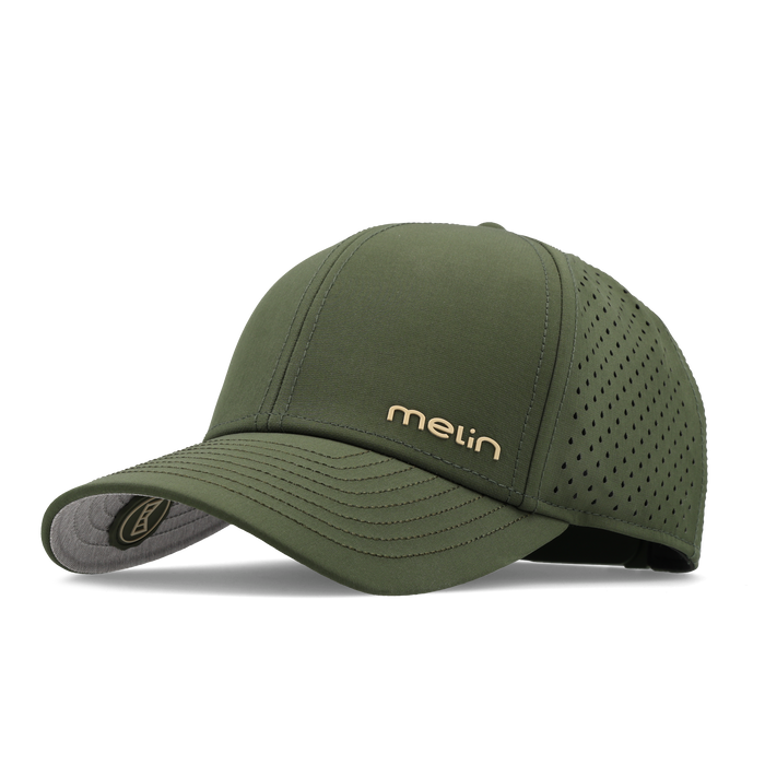 The front, angled view of the melin Compass Hydro  Vintage Fit in  Canopy / Khaki